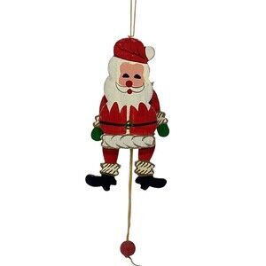 Santa Wooden Pull String Movable Christmas Ornament Hand Painted Jumping Jack 6"